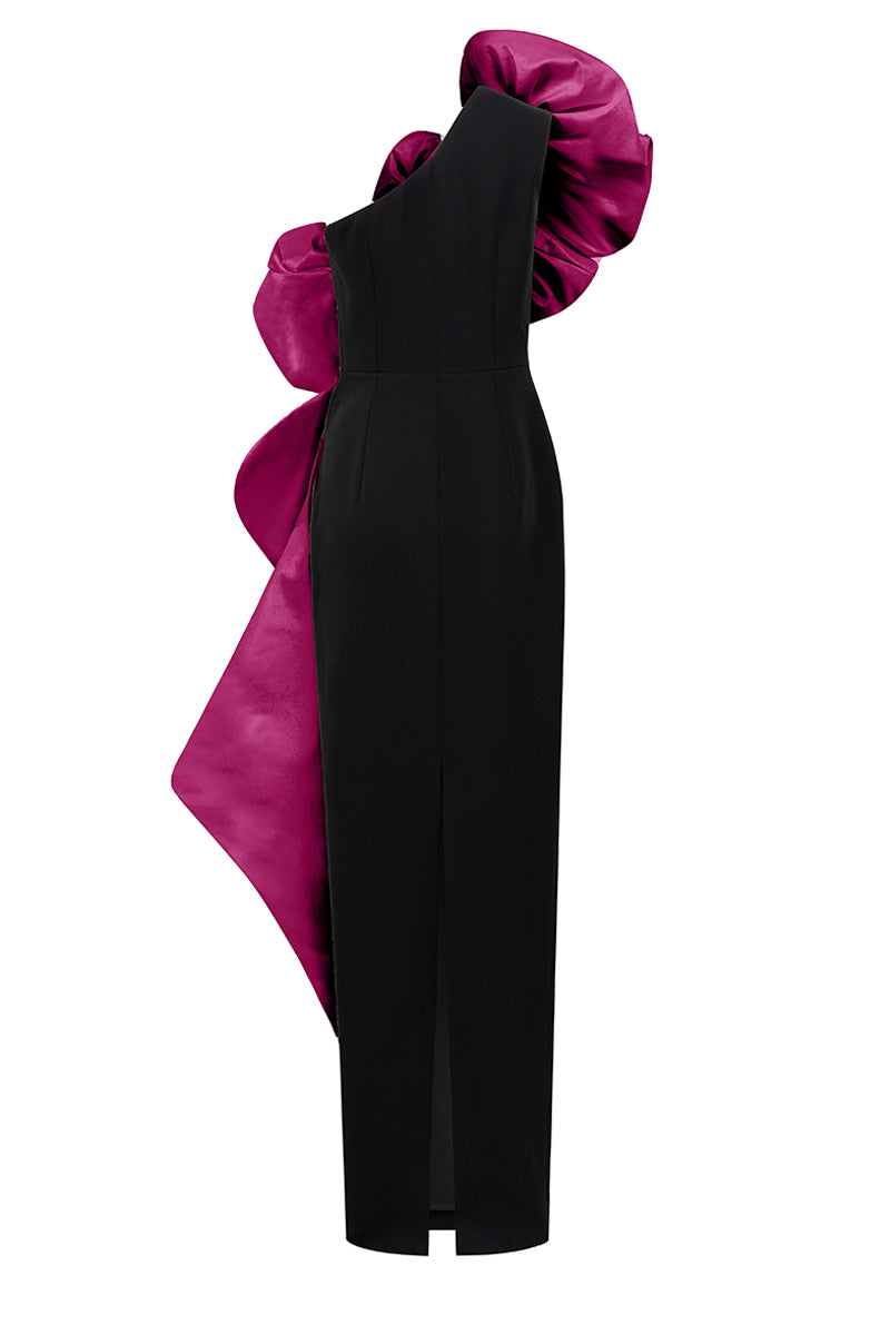 Sleeveless One Shoulder Column Gown With Draped Roses Across Neckline