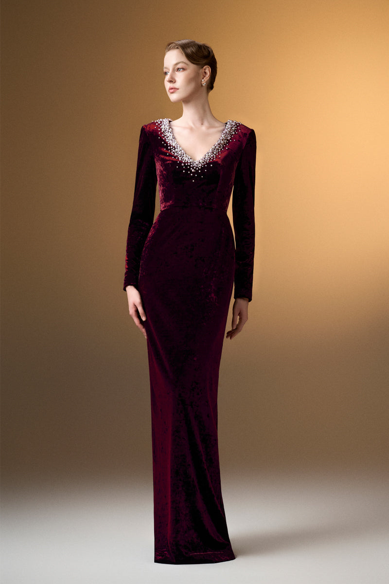 V-Neck Column Gown With Long Sleeves In Dark Red Grain Velvet
