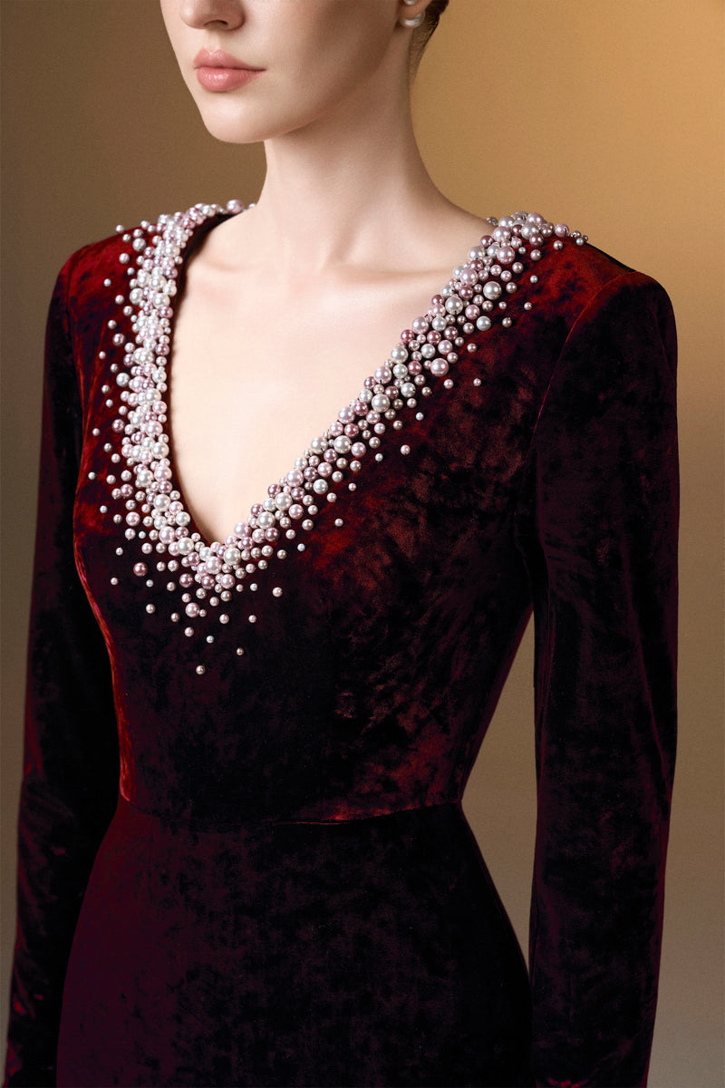 V-Neck Column Gown With Long Sleeves In Dark Red Grain Velvet