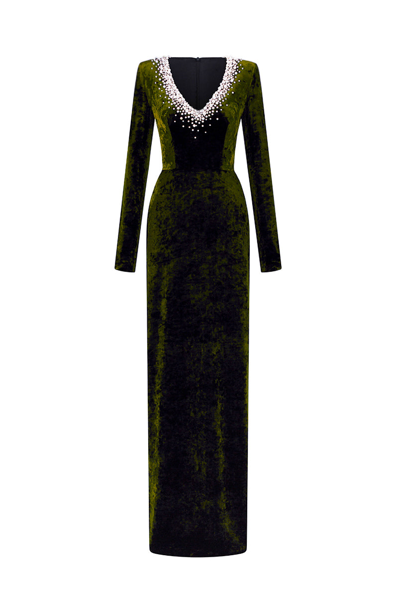 V-Neck Column Gown With Long Sleeves In Green Grain Velvet