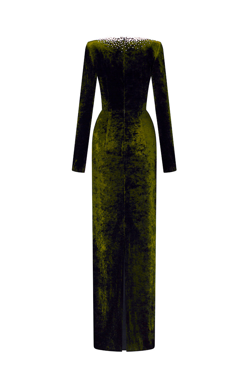V-Neck Column Gown With Long Sleeves In Green Grain Velvet