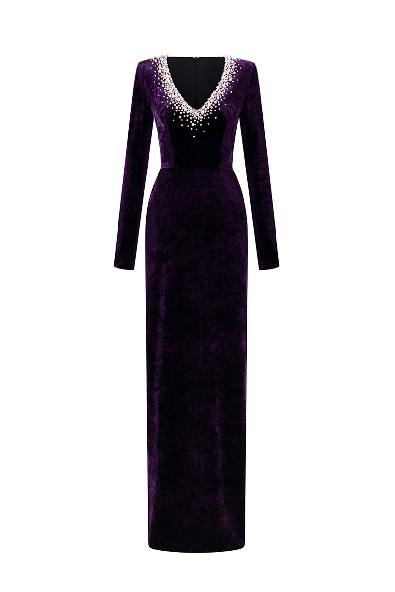 V-Neck Column Gown With Long Sleeves In Dark Purple Grain Velvet