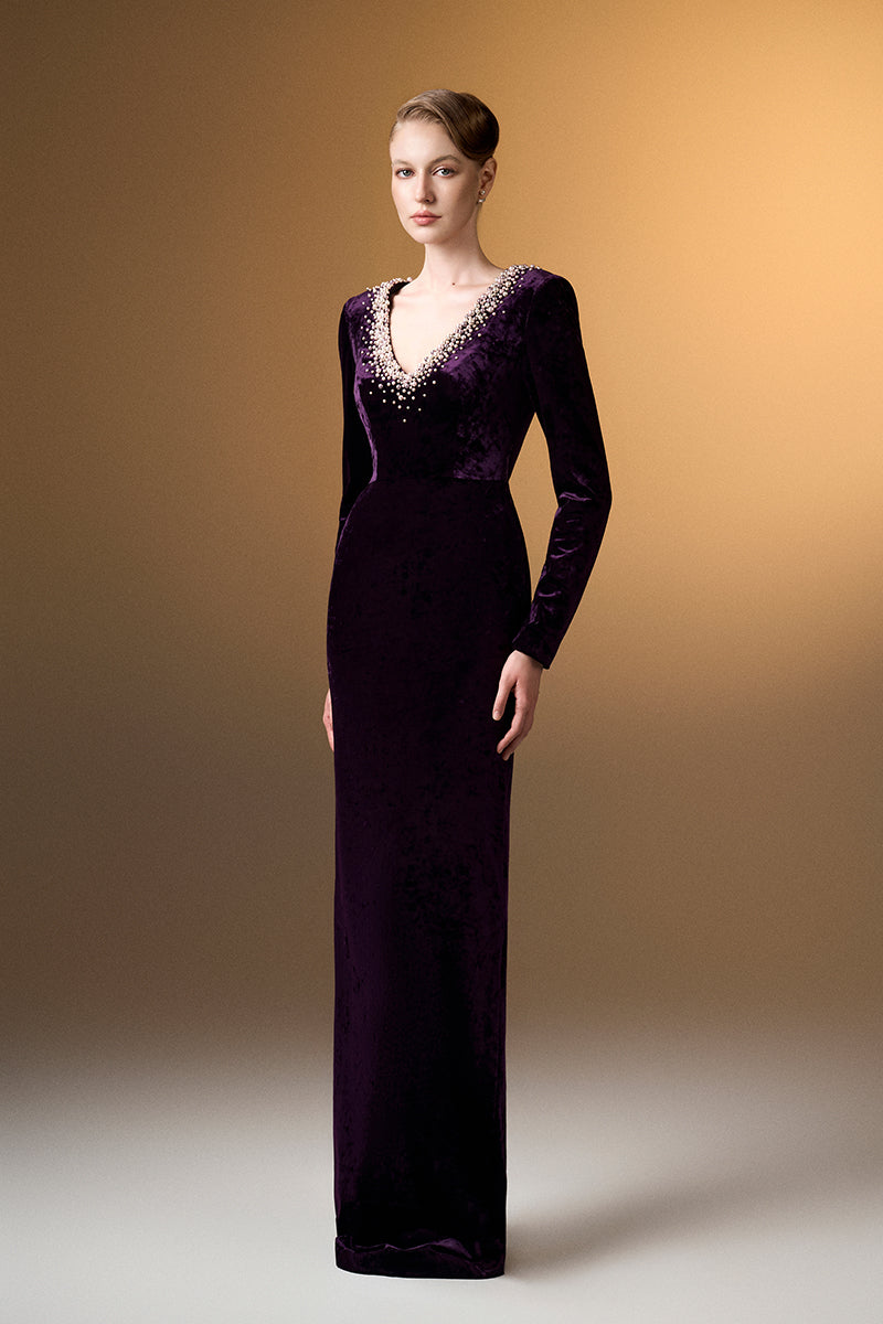 V-Neck Column Gown With Long Sleeves In Dark Purple Grain Velvet