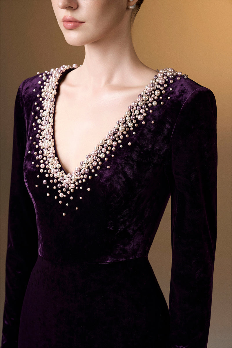 V-Neck Column Gown With Long Sleeves In Dark Purple Grain Velvet