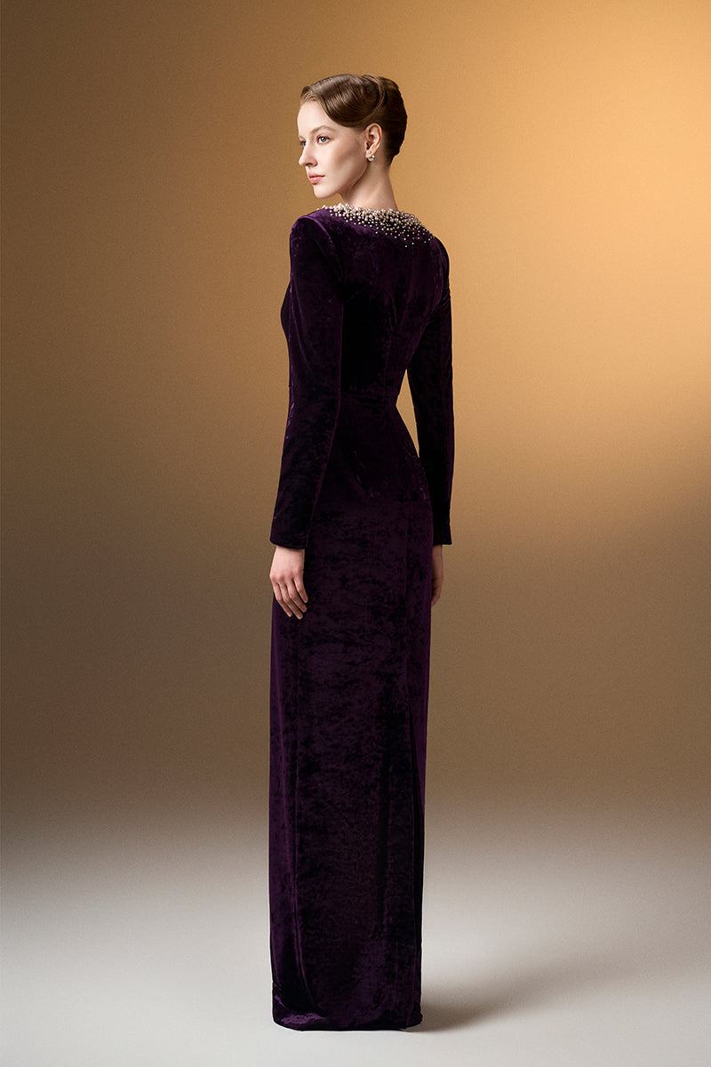 V-Neck Column Gown With Long Sleeves In Dark Purple Grain Velvet