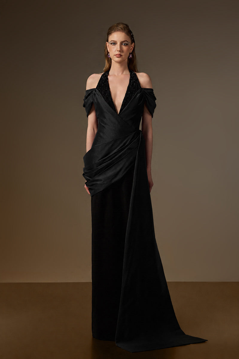 V Neck Column Gown With Asymmetric Draped Details In Black Crepe And Taffeta