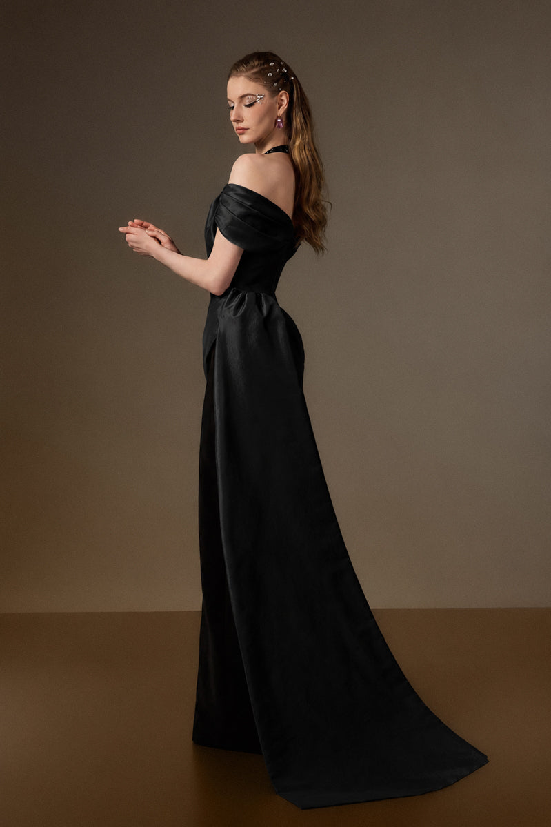 V Neck Column Gown With Asymmetric Draped Details In Black Crepe And Taffeta
