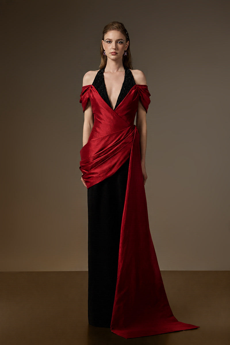 V Neck Column Gown With Asymmetric Draped Details In Black Crepe And Dark Red Taffeta