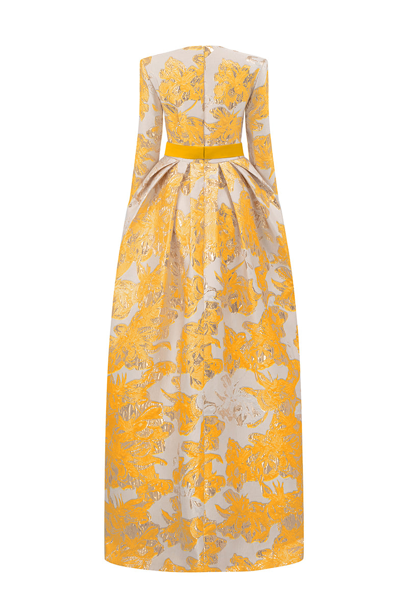 Trapeze Neck Ballgown With Long Sleeves In Jacquard