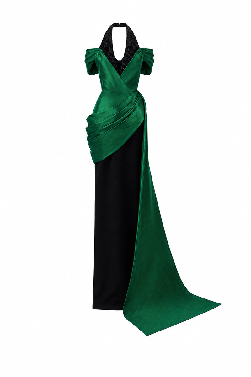 V Neck Column Gown With Asymmetric Draped Details In Black Crepe And Dark Green Taffeta