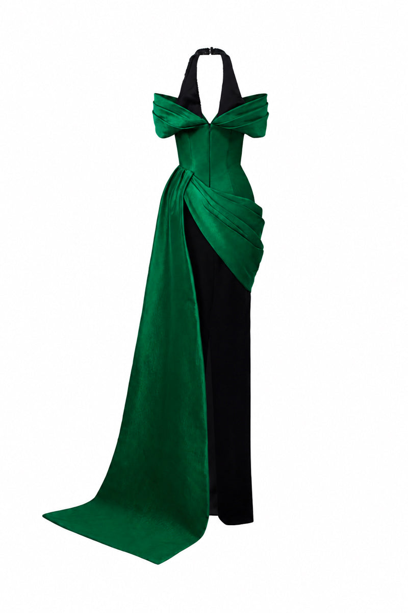 V Neck Column Gown With Asymmetric Draped Details In Black Crepe And Dark Green Taffeta