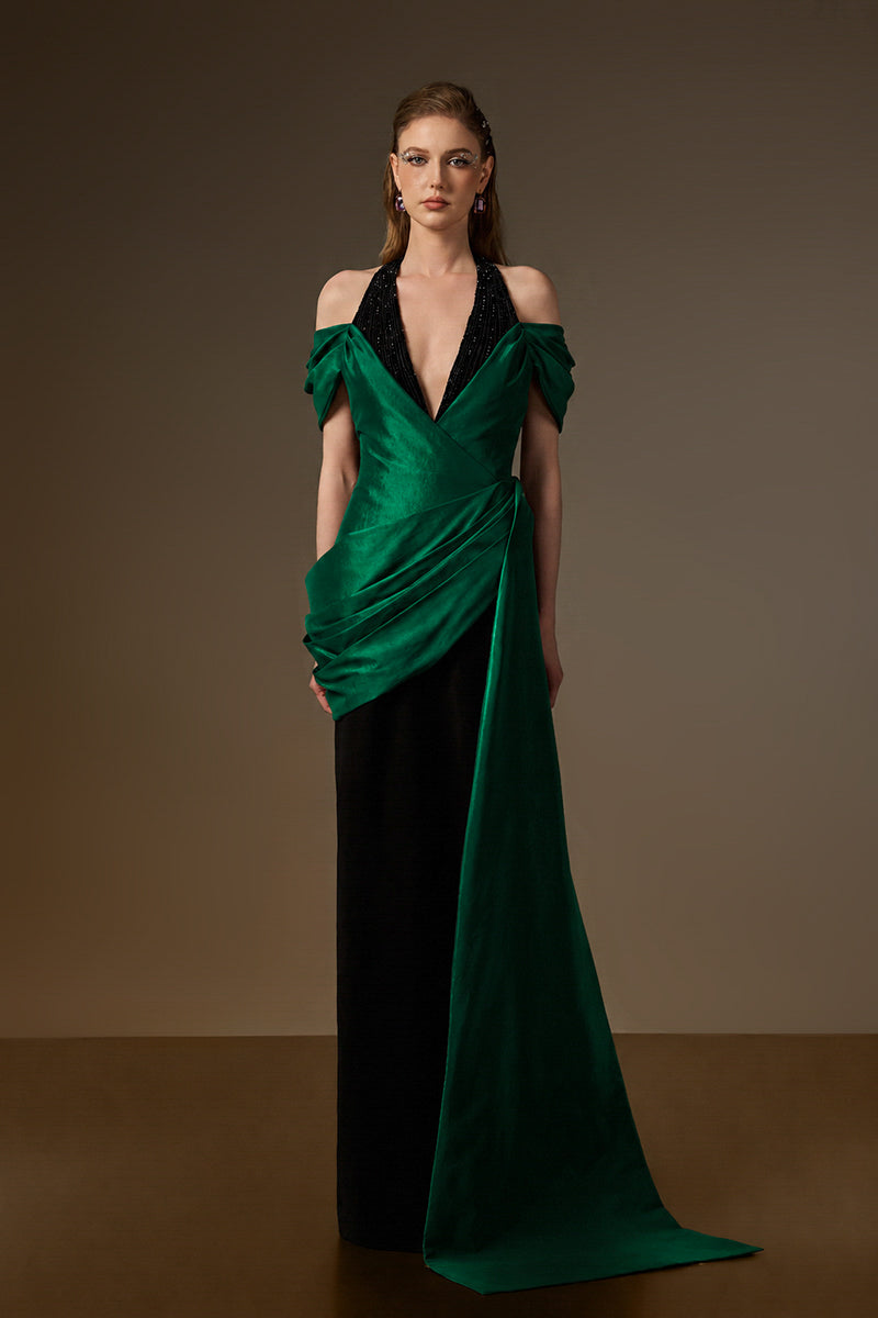 V Neck Column Gown With Asymmetric Draped Details In Black Crepe And Dark Green Taffeta