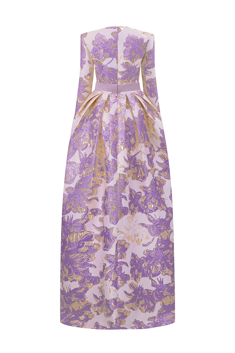 Trapeze Neck Ballgown With Long Sleeves In Jacquard