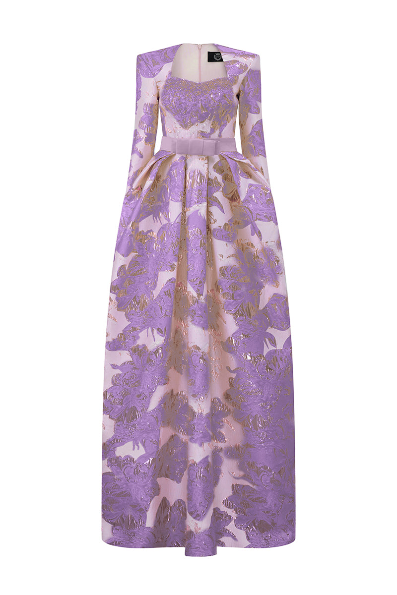 Trapeze Neck Ballgown With Long Sleeves In Jacquard