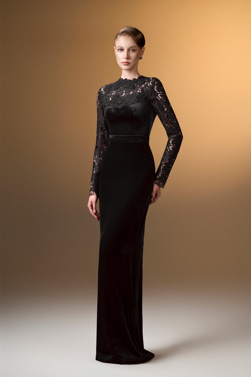 Round Neck Column Gown With With Long Sleeves In Black Velvet And French Lace