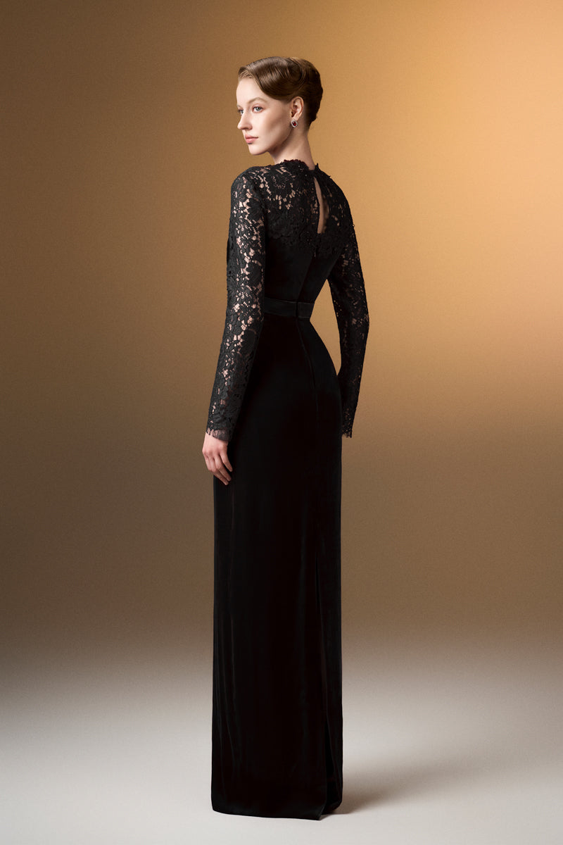 Round Neck Column Gown With With Long Sleeves In Black Velvet And French Lace