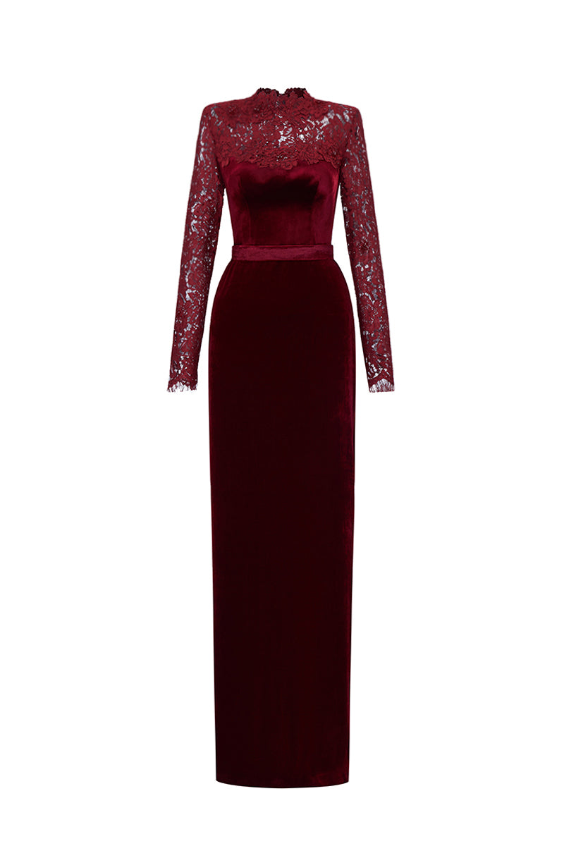 Round Neck Column Gown With With Long Sleeves In Dark Red Velvet And French Lace
