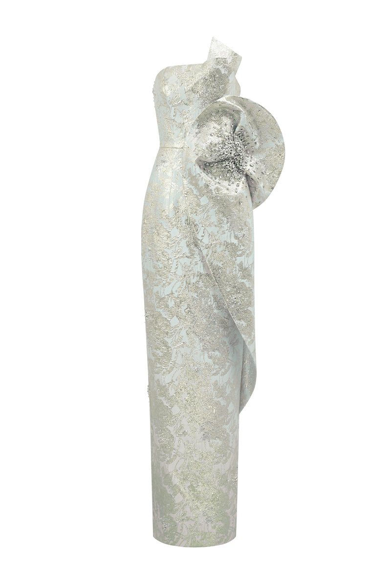 Dipped Dress With Waist Drapped Detail In Jacquard