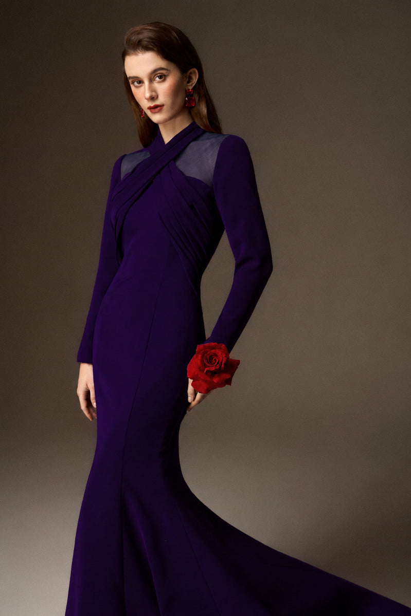 Round Neck Mermaid Gown With Draped Details In Dark Purple Crepe