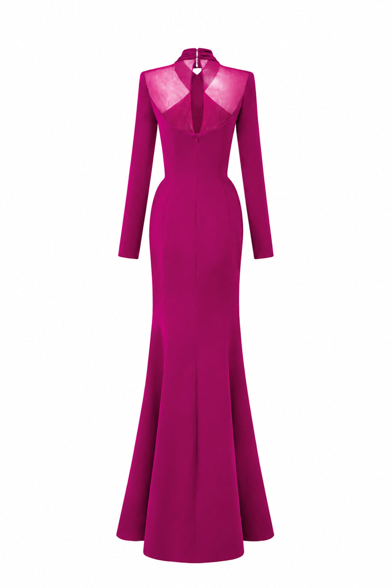 Round Neck Mermaid Gown With Draped Details In Dark Pink Crepe
