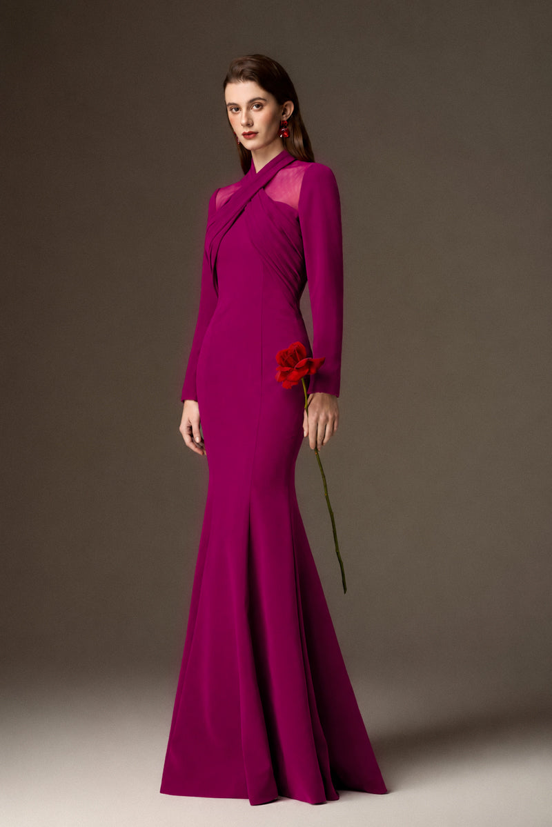 Round Neck Mermaid Gown With Draped Details In Dark Pink Crepe