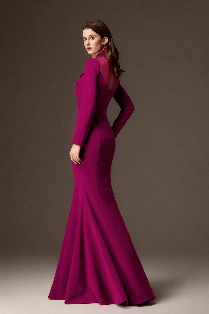 Round Neck Mermaid Gown With Draped Details In Dark Pink Crepe