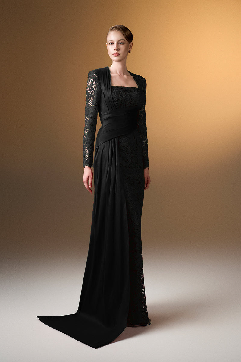 Trapeze Neck Column Gown With Long Sleeves In Black Guipure Lace And Taffeta