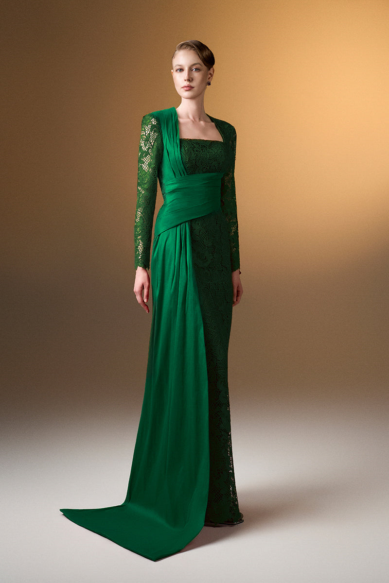 Trapeze Neck Column Gown With Long Sleeves In Dark Green Guipure Lace And Taffeta