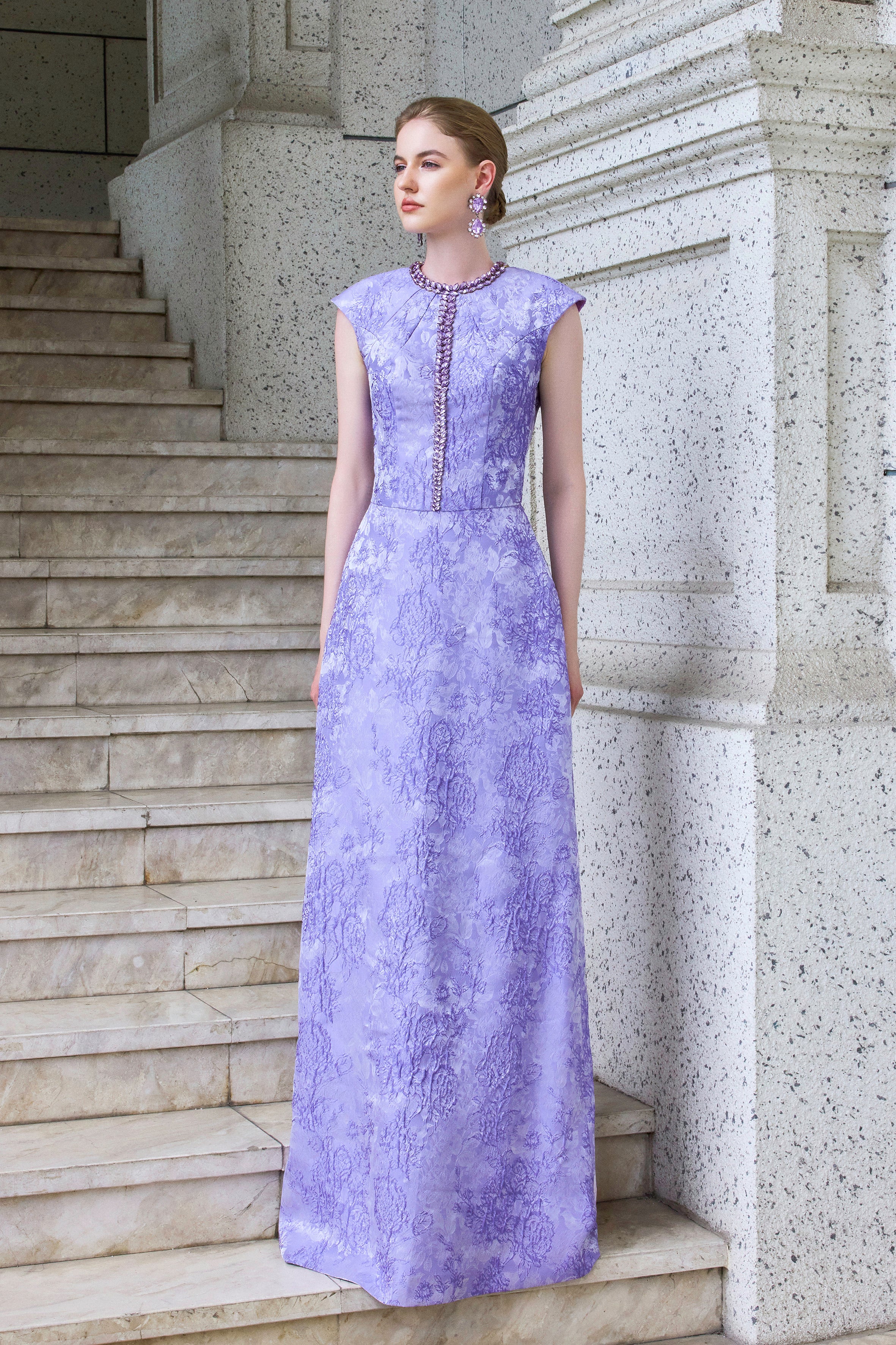 A-Line Brocade Gown With Embellished Round Neck