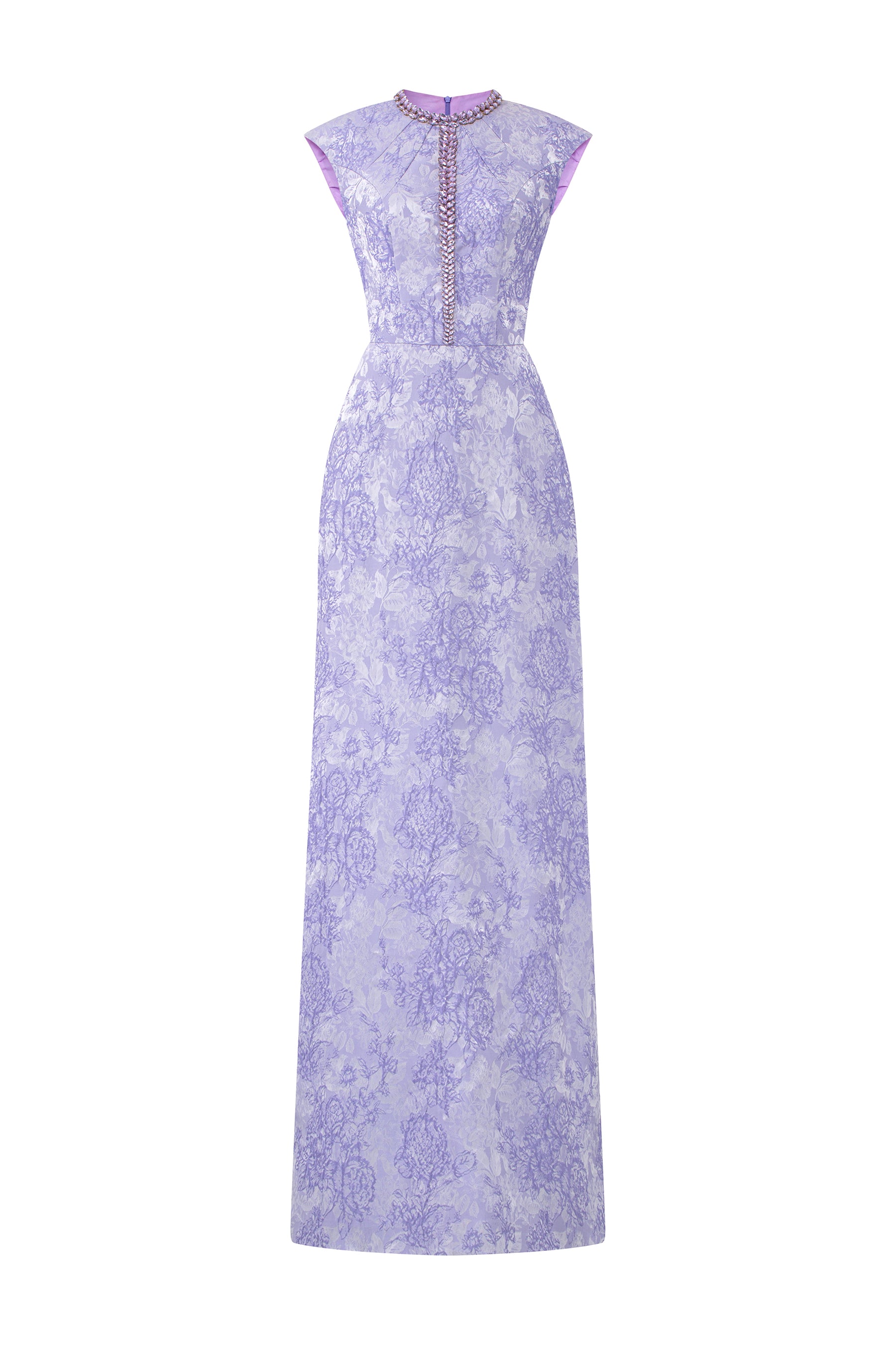 A-Line Brocade Gown With Embellished Round Neck
