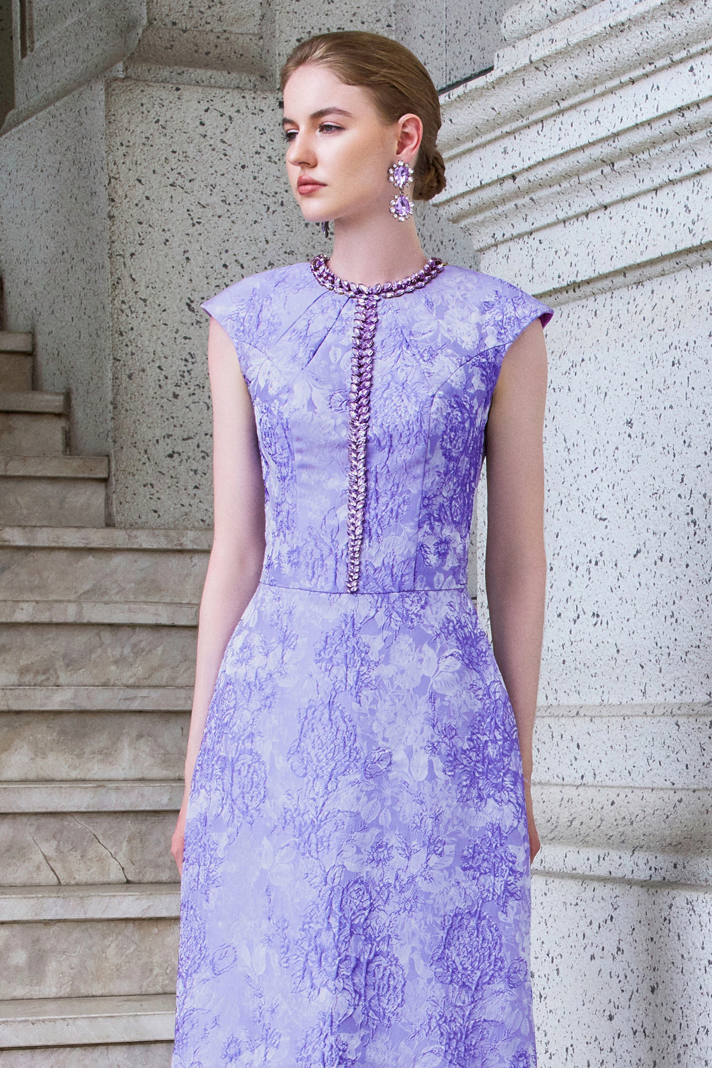 A-Line Brocade Gown With Embellished Round Neck