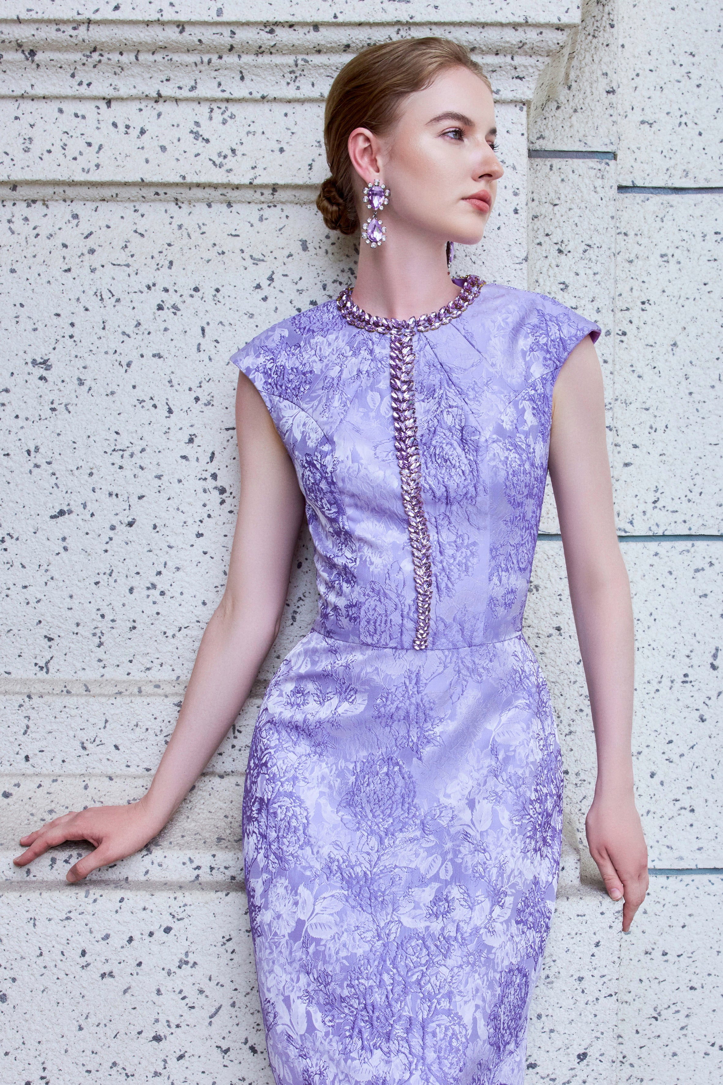 A-Line Brocade Gown With Embellished Round Neck