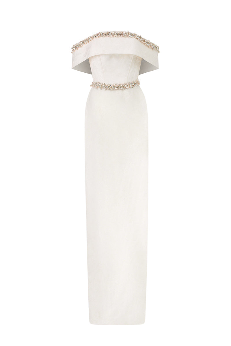 Off-Shoulder Column Gown In White Rose Design Brocade