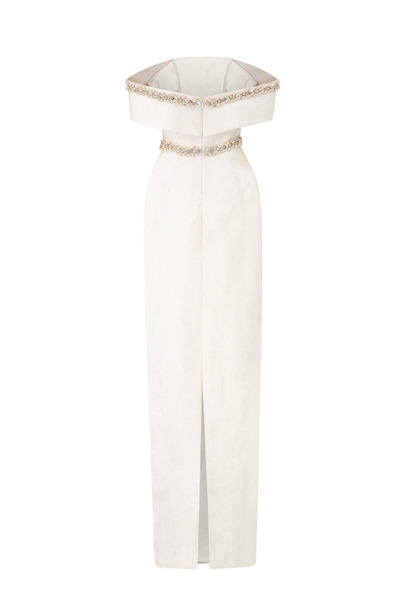Off-Shoulder Column Gown In White Rose Design Brocade