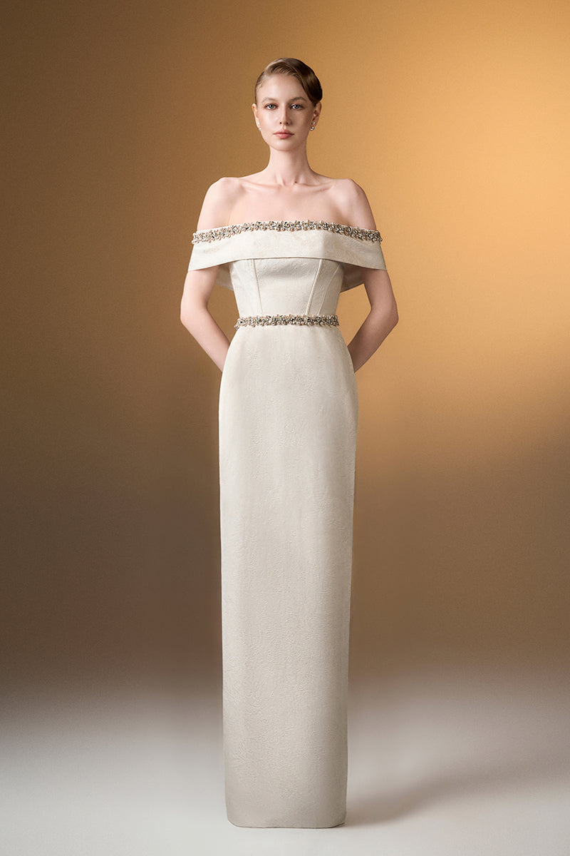 Off-Shoulder Column Gown In White Rose Design Brocade