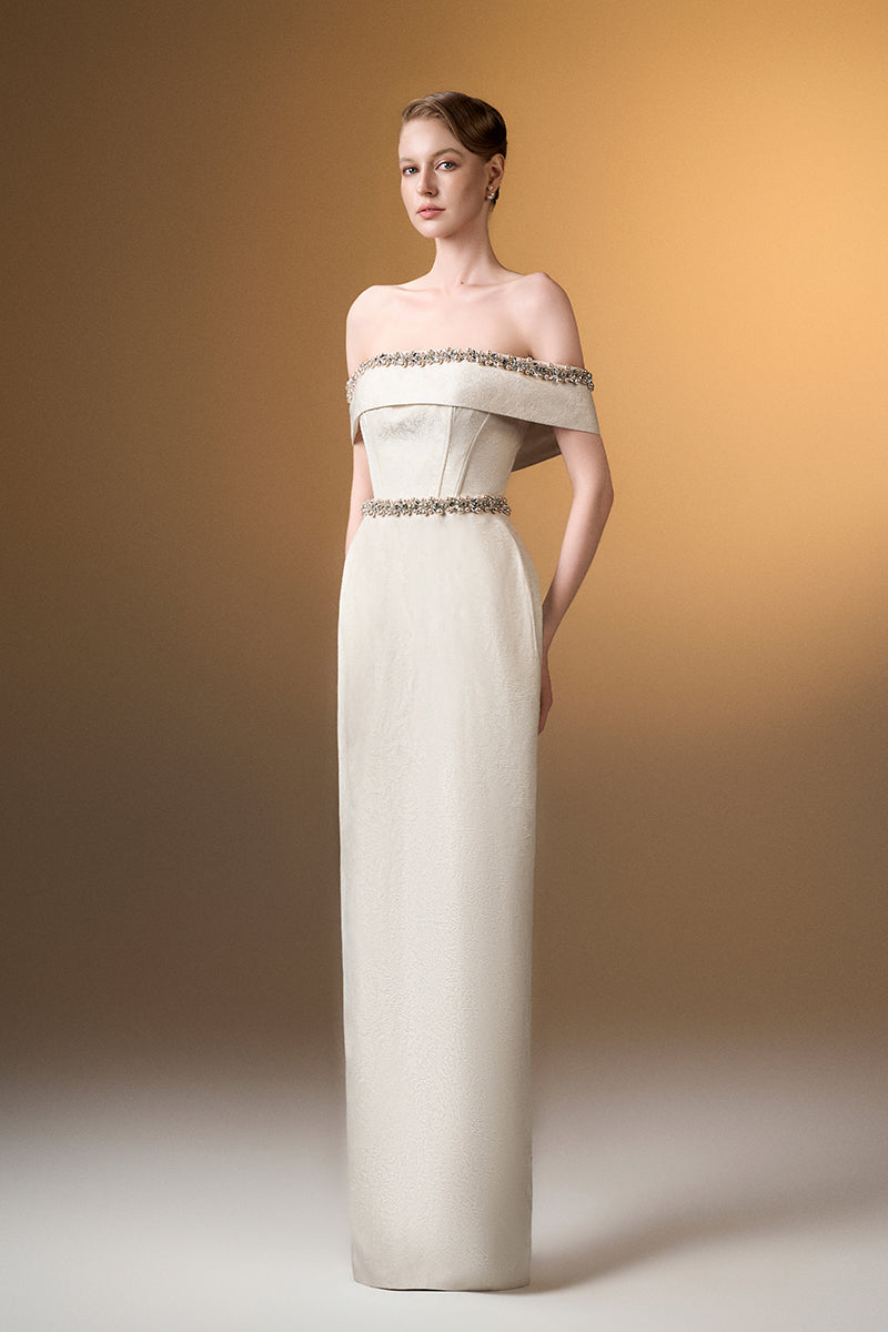 Off-Shoulder Column Gown In White Rose Design Brocade
