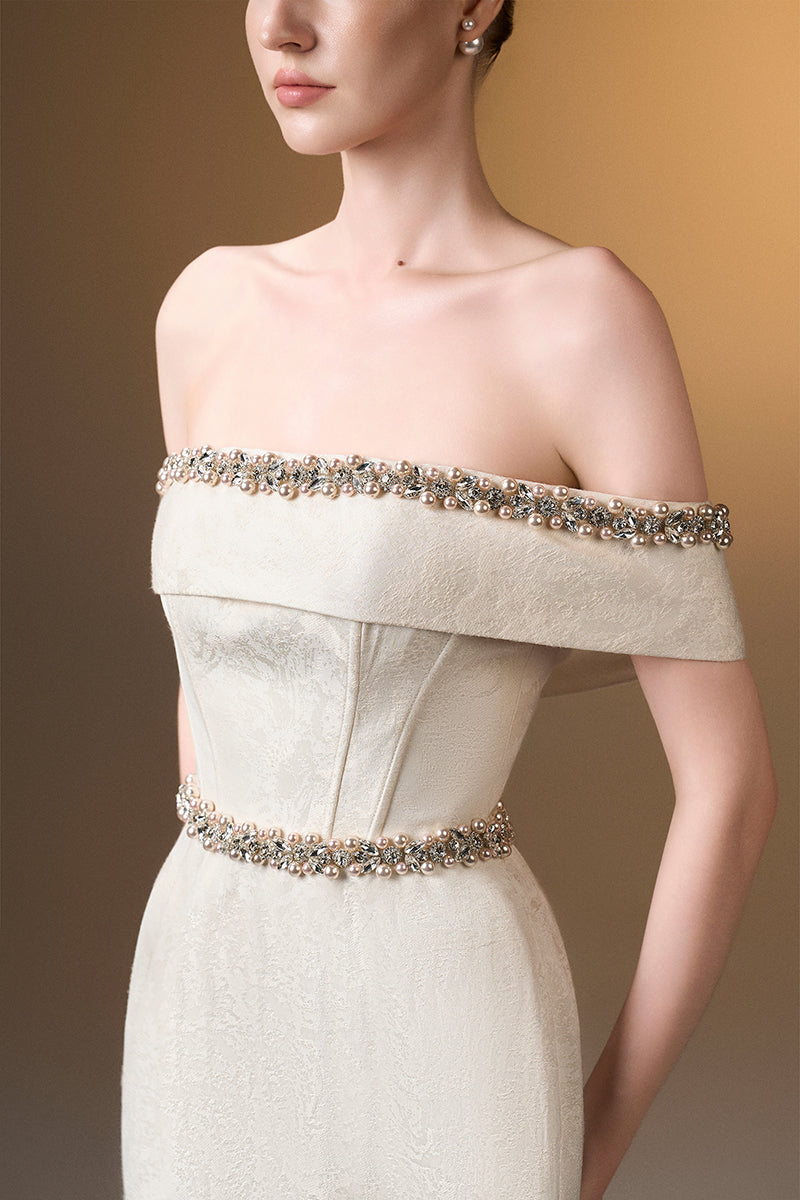 Off-Shoulder Column Gown In White Rose Design Brocade