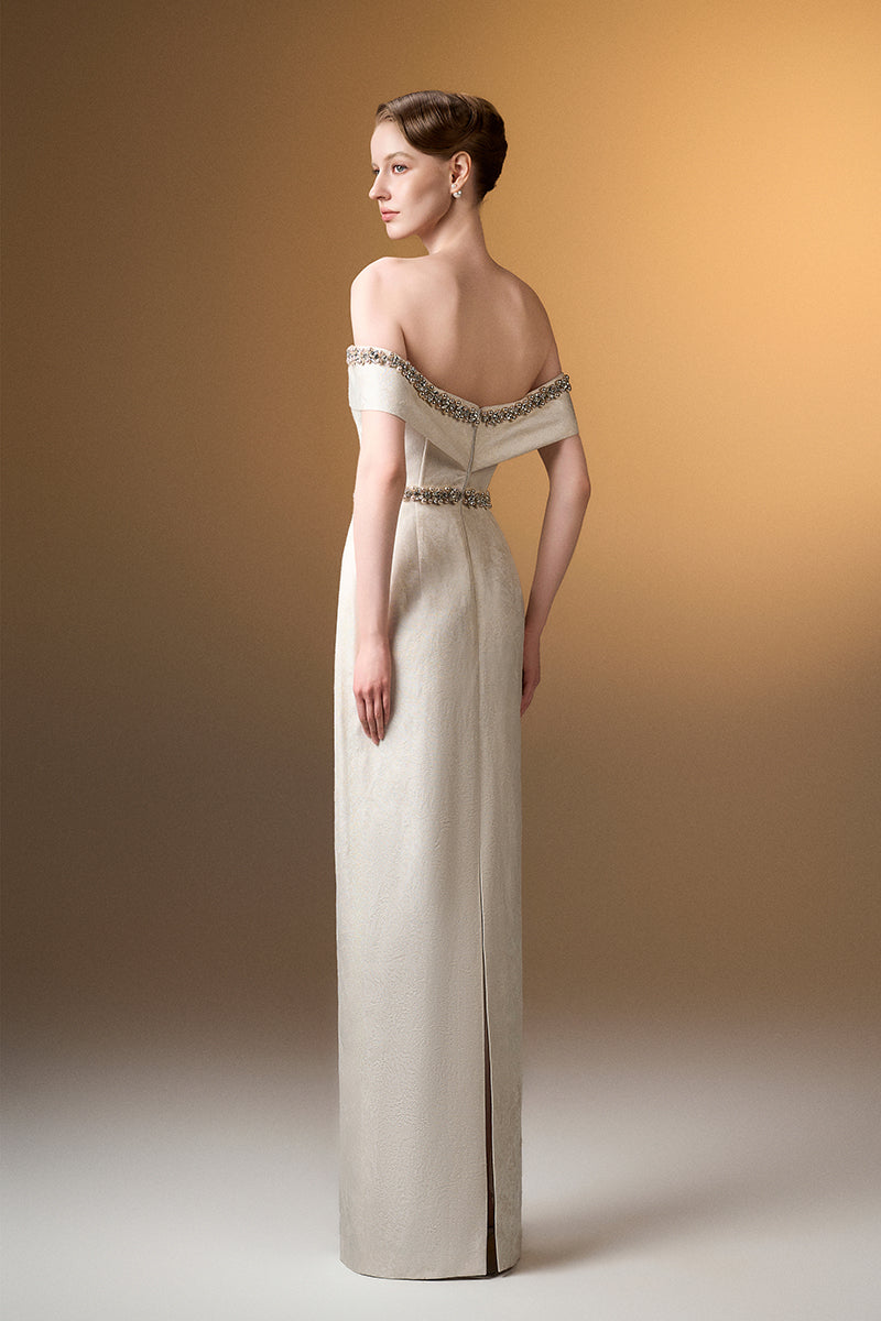 Off-Shoulder Column Gown In White Rose Design Brocade