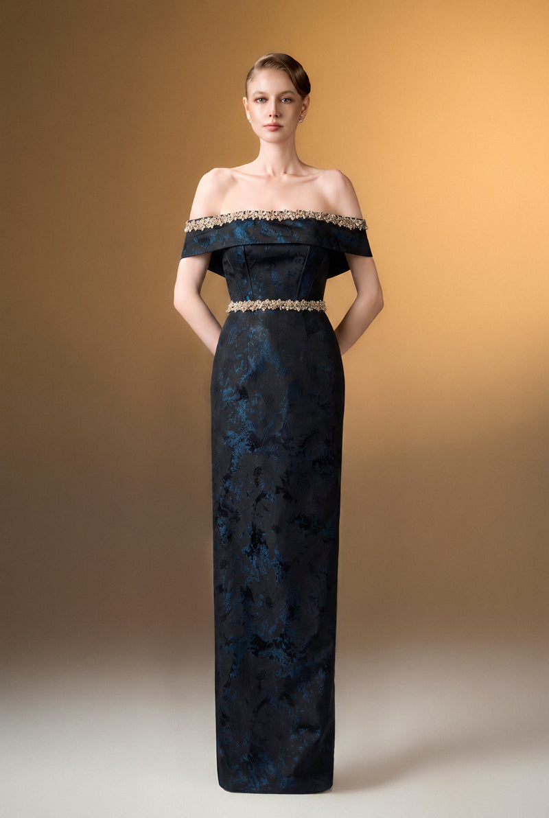 Off-Shoulder Column Gown In Black Rose Design Brocade