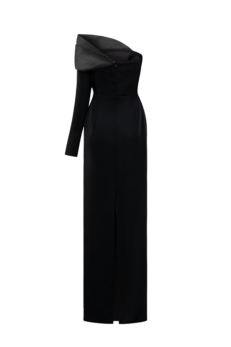 Asymmetric Column Gown With Draped Rose