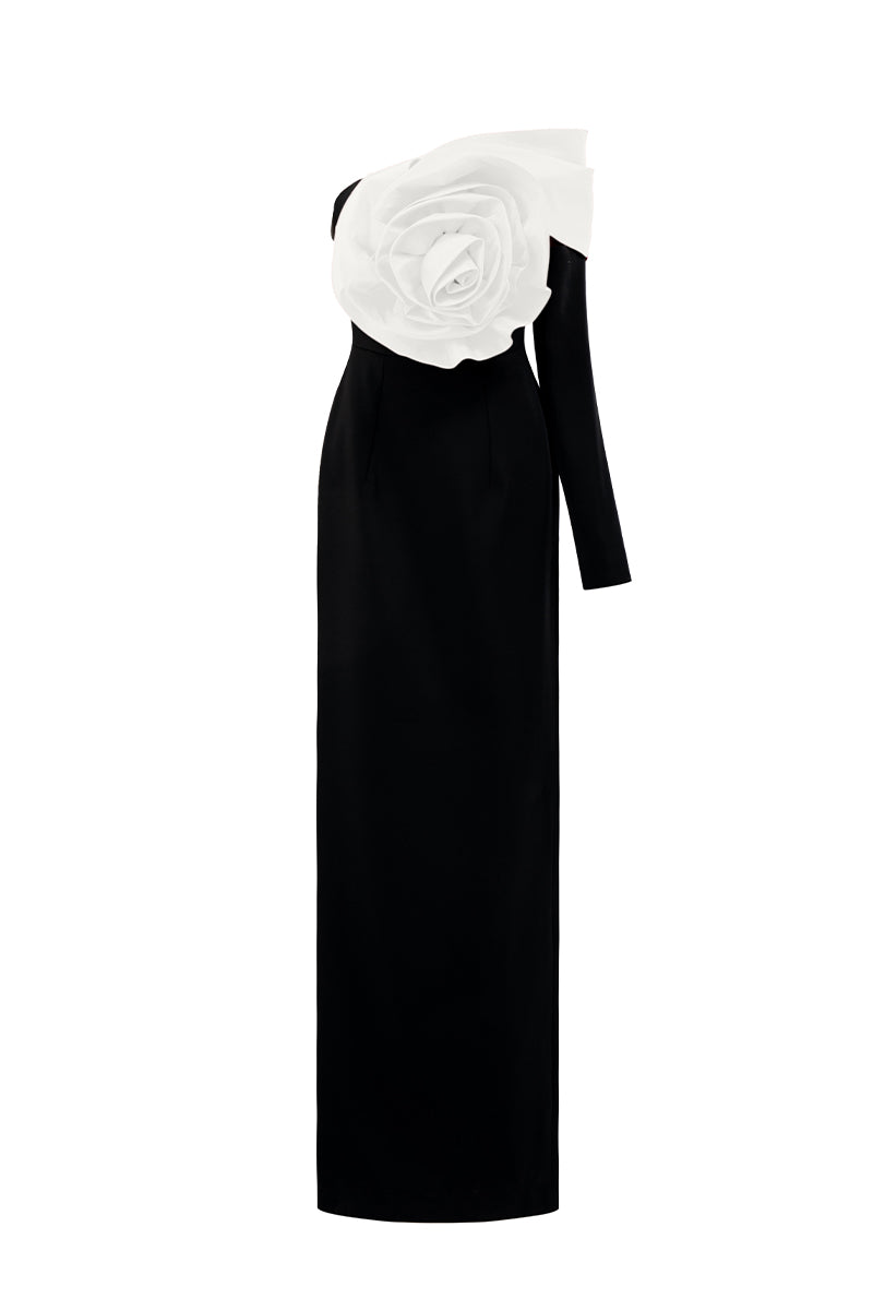 Asymmetric Column Gown With Draped Rose