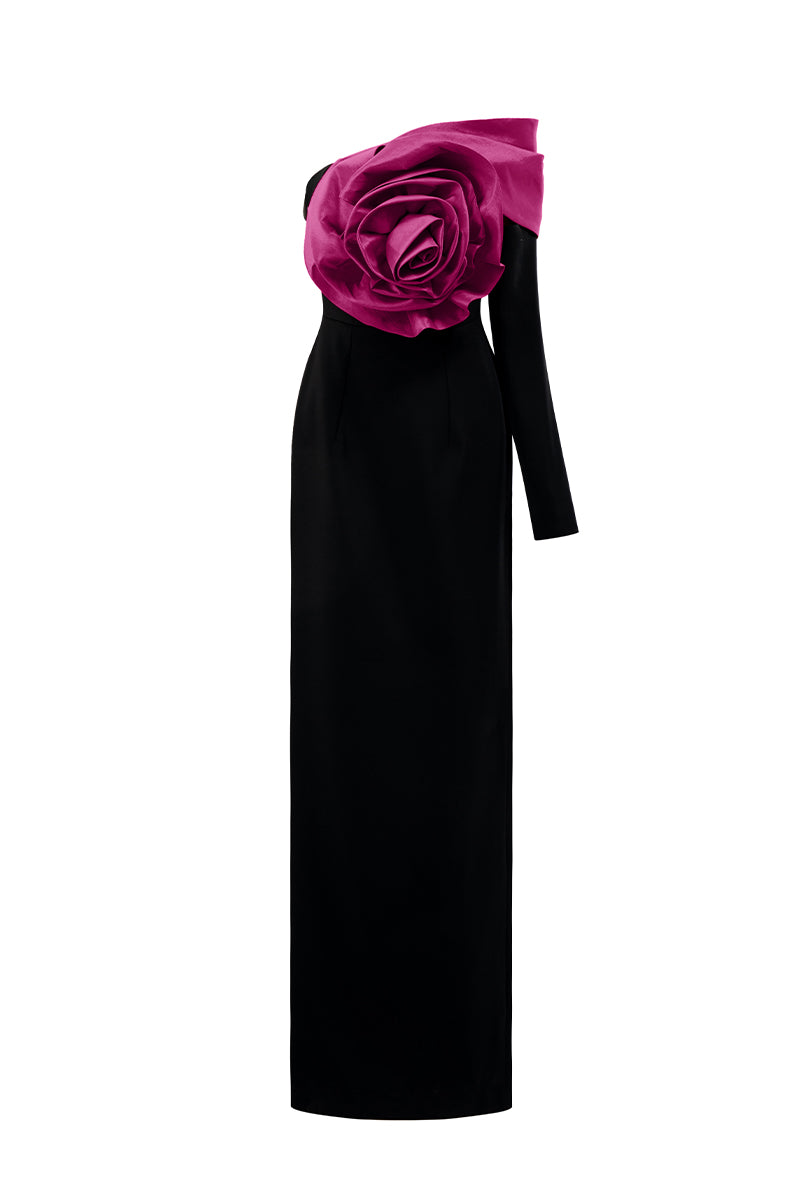 Asymmetric Column Gown With Draped Rose