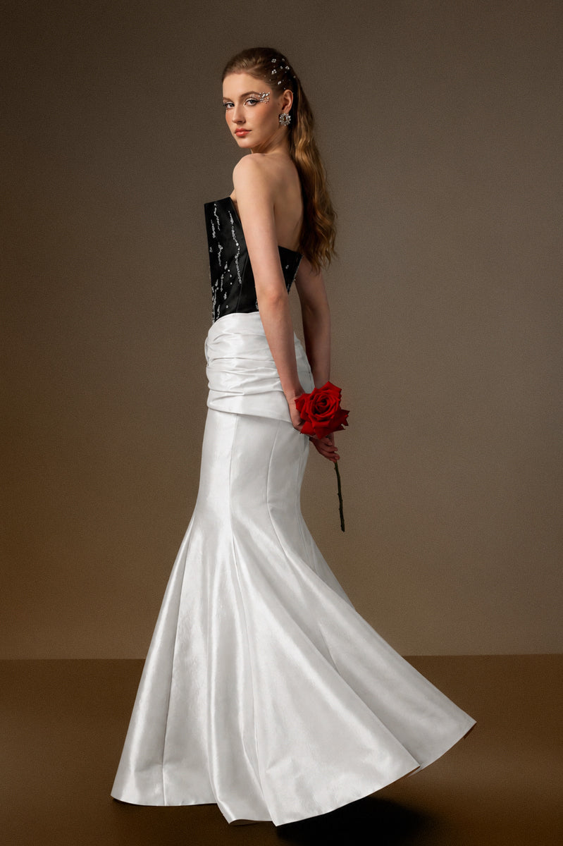 Bustier Mermaid Gown With Draped Details In Black And White Taffeta