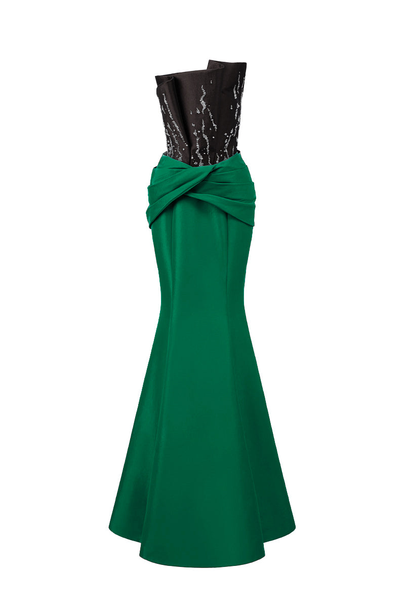Bustier Mermaid Gown With Draped Details In Brown And Dark Green Taffeta