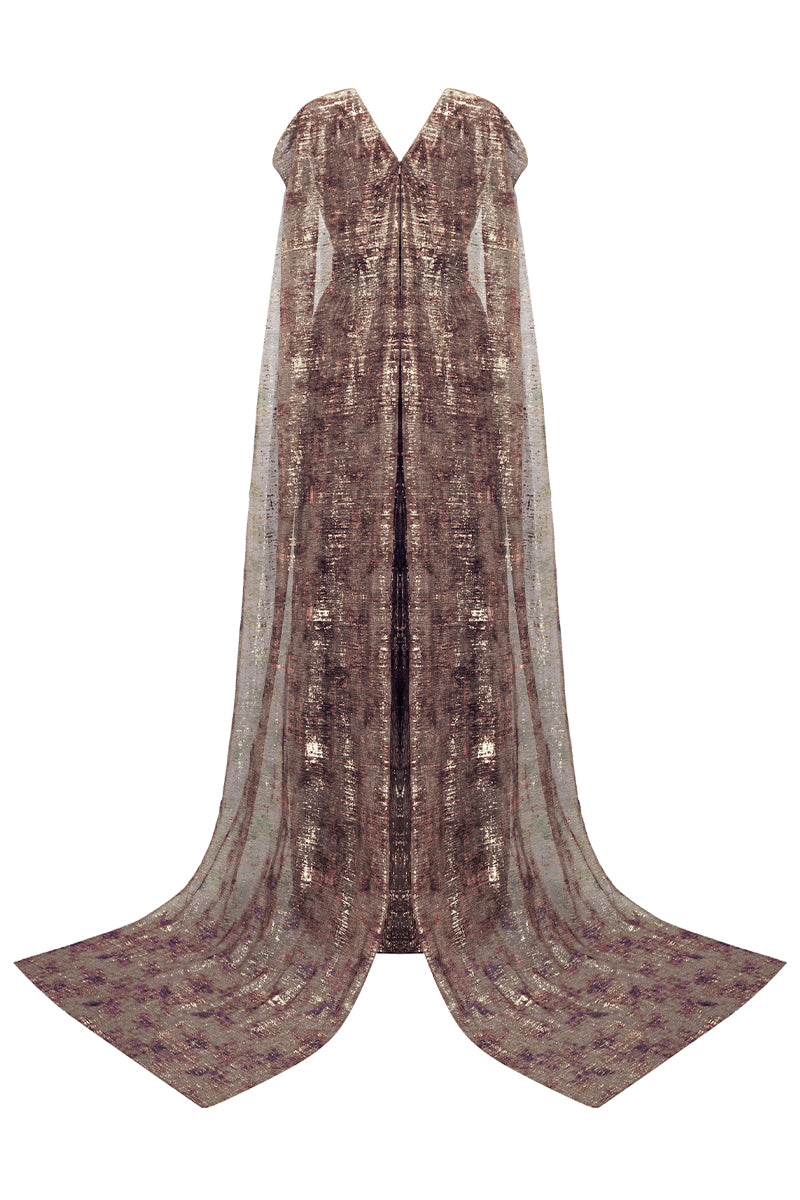 V-Neck A-Line Gown With Ruffle Back Train In Purple Tie-Dyed Golden Chiffon