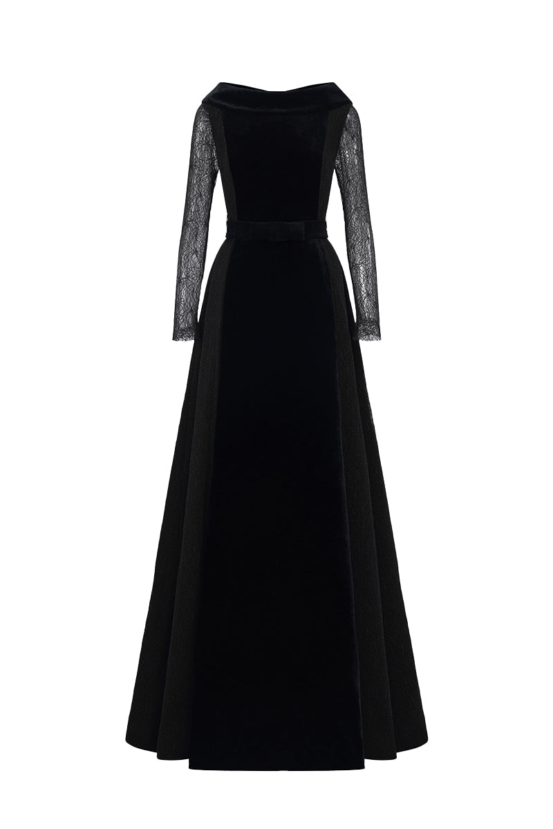 Round Neck A-Line Gown With De-Constructed Collar In Black Velvet And Black Vine Guipure Lace