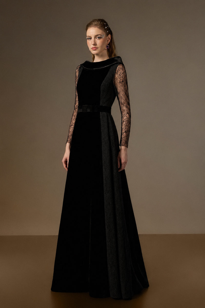Round Neck A-Line Gown With De-Constructed Collar In Black Velvet And Black Vine Guipure Lace