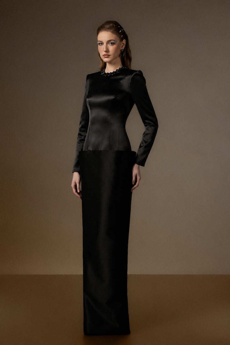 Round Neck Column Gown With V-Line Lower Skirt In Black Bamboo Taffeta And Satin Silk