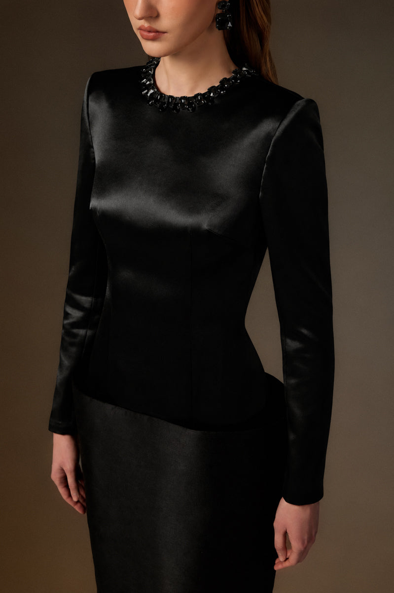 Round Neck Column Gown With V-Line Lower Skirt In Black Bamboo Taffeta And Satin Silk
