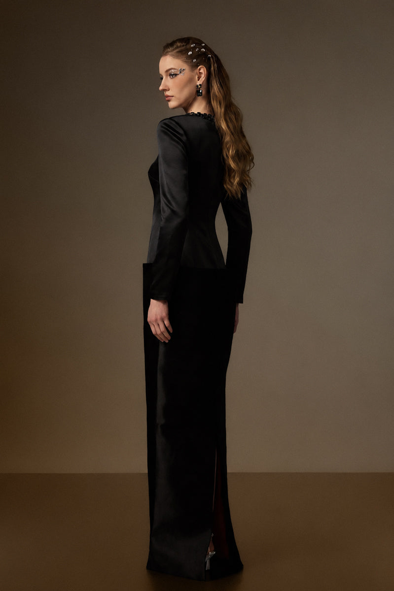 Round Neck Column Gown With V-Line Lower Skirt In Black Bamboo Taffeta And Satin Silk